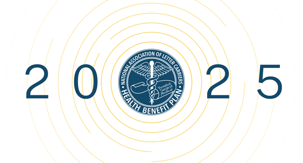 The image features the NALC Health Benefit Plan logo centered between the numbers “2025” with golden concentric rings radiating outward.